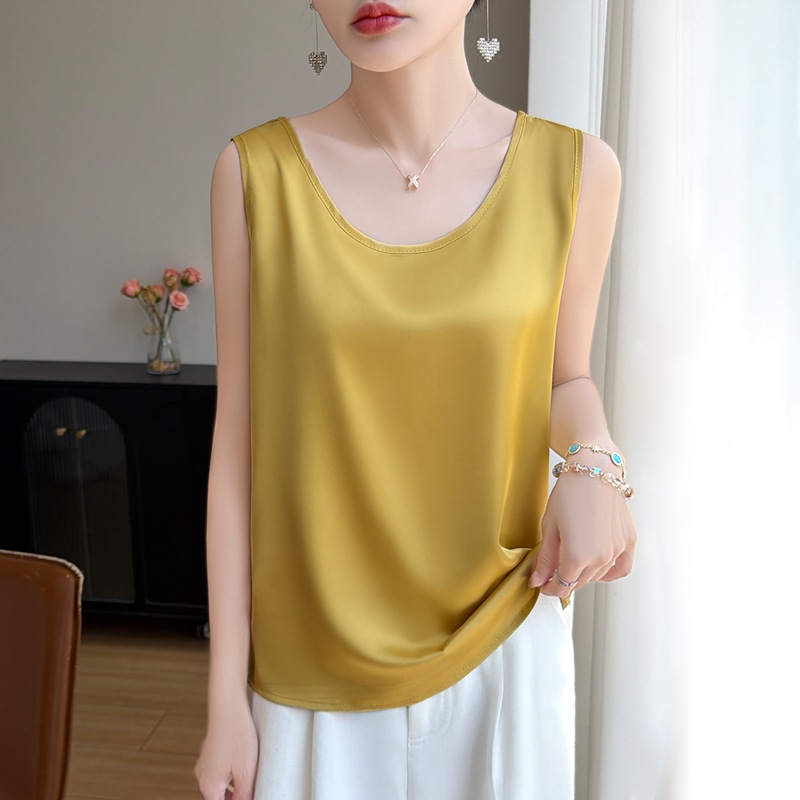 2025 col rond acétate Satin haut femmes soie débardeur femme Satin sans manches chemise bas soie hauts Luxry hauts