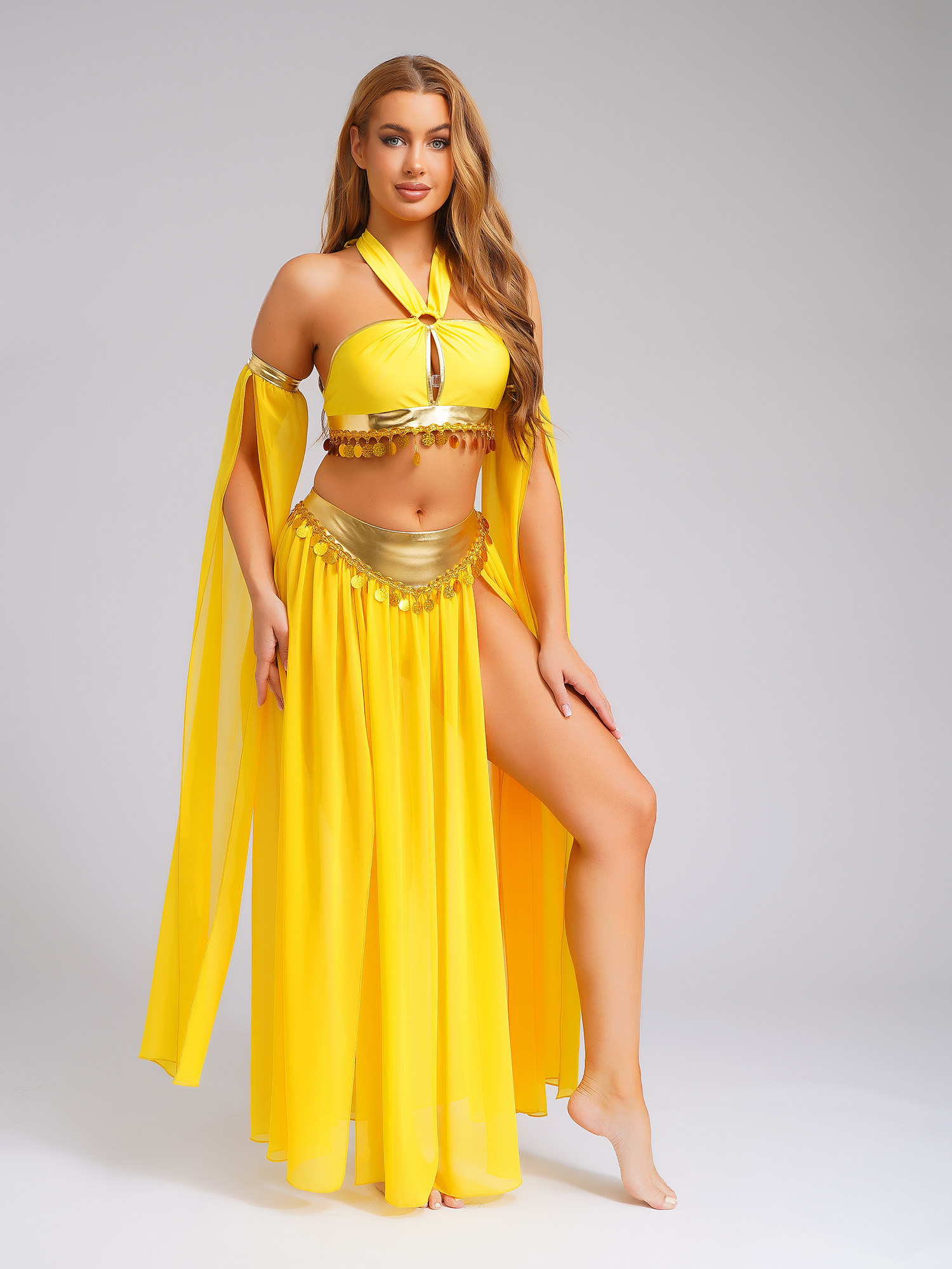 Cospaly – vêtements de danse orientale arabe pour femmes, Costume de spectacle ethnique du ventre, col licou, Costumes de Festival à paillettes, jupe en mousseline de soie