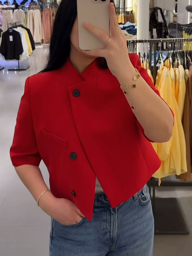 Veste Courte Unie pour Femme, Manteau Chic et Décontracté à Col Semi-Montant et Manches Courtes, Idéal pour le Printemps