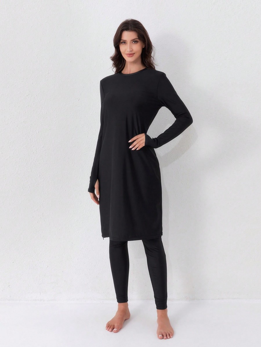 Maillot de bain décontracté pour femmes musulmanes, ensemble deux pièces, maillot de bain à col rond, style conservateur, boucle de doigt, robe noire, pantalon taille haute