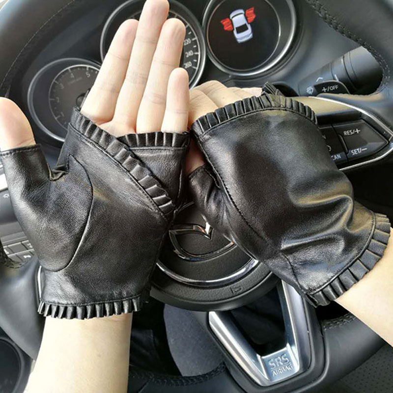 Gants en cuir demi-doigts pour femmes, style mode quatre saisons, en peau de mouton, pour la conduite, le sport en plein air et le cyclisme, antidérapants