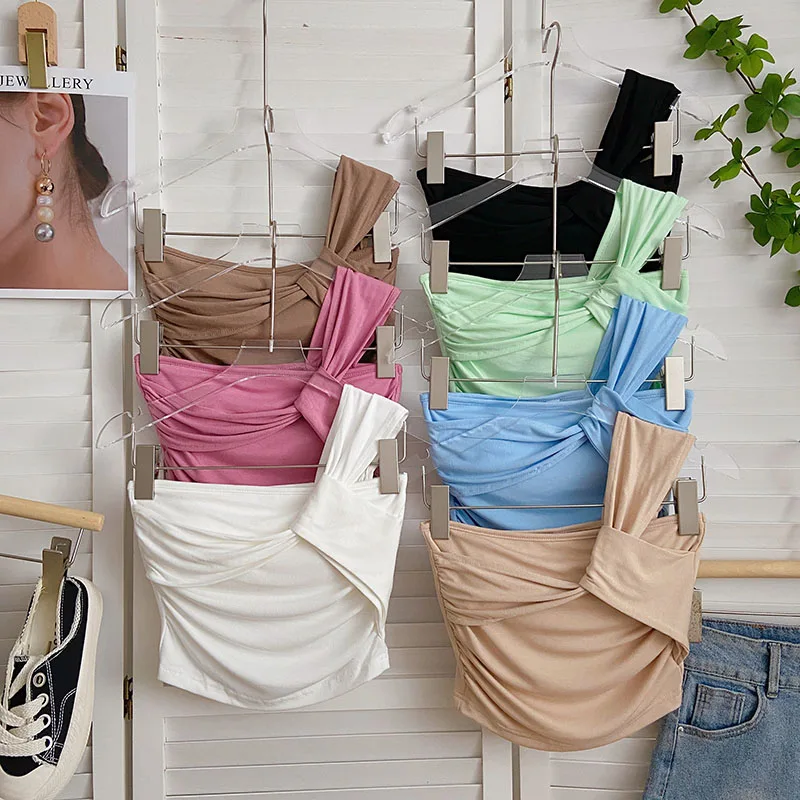 Haut Froncé Chic et Précieux pour Femme, Sangle Irrégulière, Pliage en Y, Solide, Fibris, Mode Coréenne, Livraison Directe