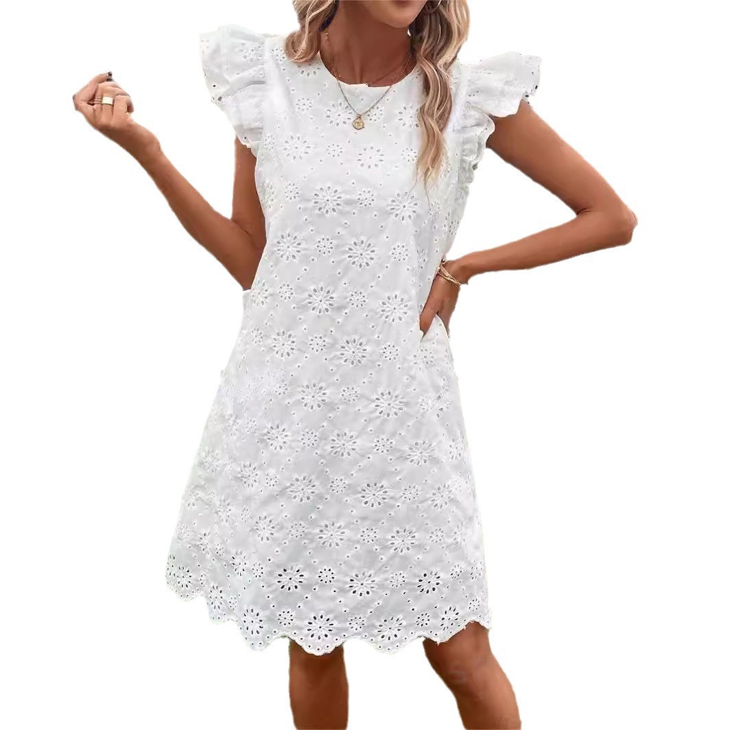 Mini jupe brodée à col rond pour femmes, robe blanche en fibre, dentelle confortable, élégante, décontractée, été