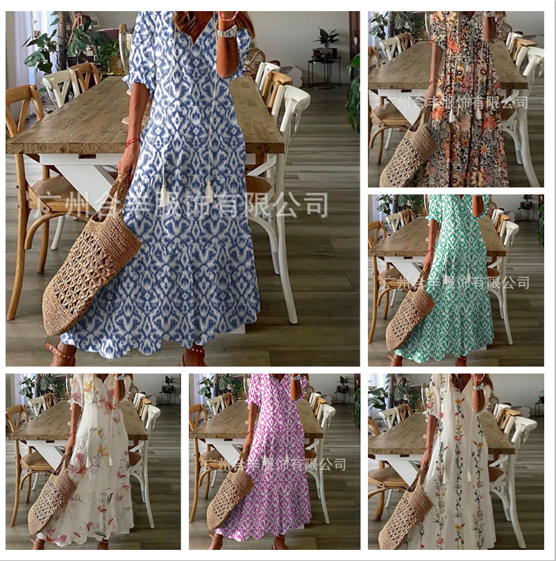 Robe longue à manches mi-longues pour femmes, ample, imprimé bohème, col en v, vêtements, nouvelle collection printemps été 2025