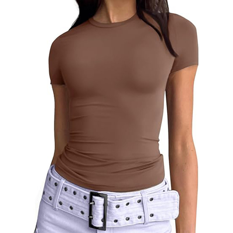 1 pièce T-shirt de sport pour femme et fille, uni, basique, à manches courtes, coupe ajustée, col rond, sexy, pour fitness, course et yoga, haut décontracté