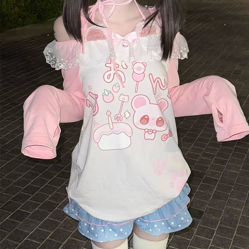 T-shirt à manches longues Anime imprimé arc-en-ciel pour femmes, vêtements Kawaii, conception de fouet Halter, sous-culture rose, mode automne, nouveau