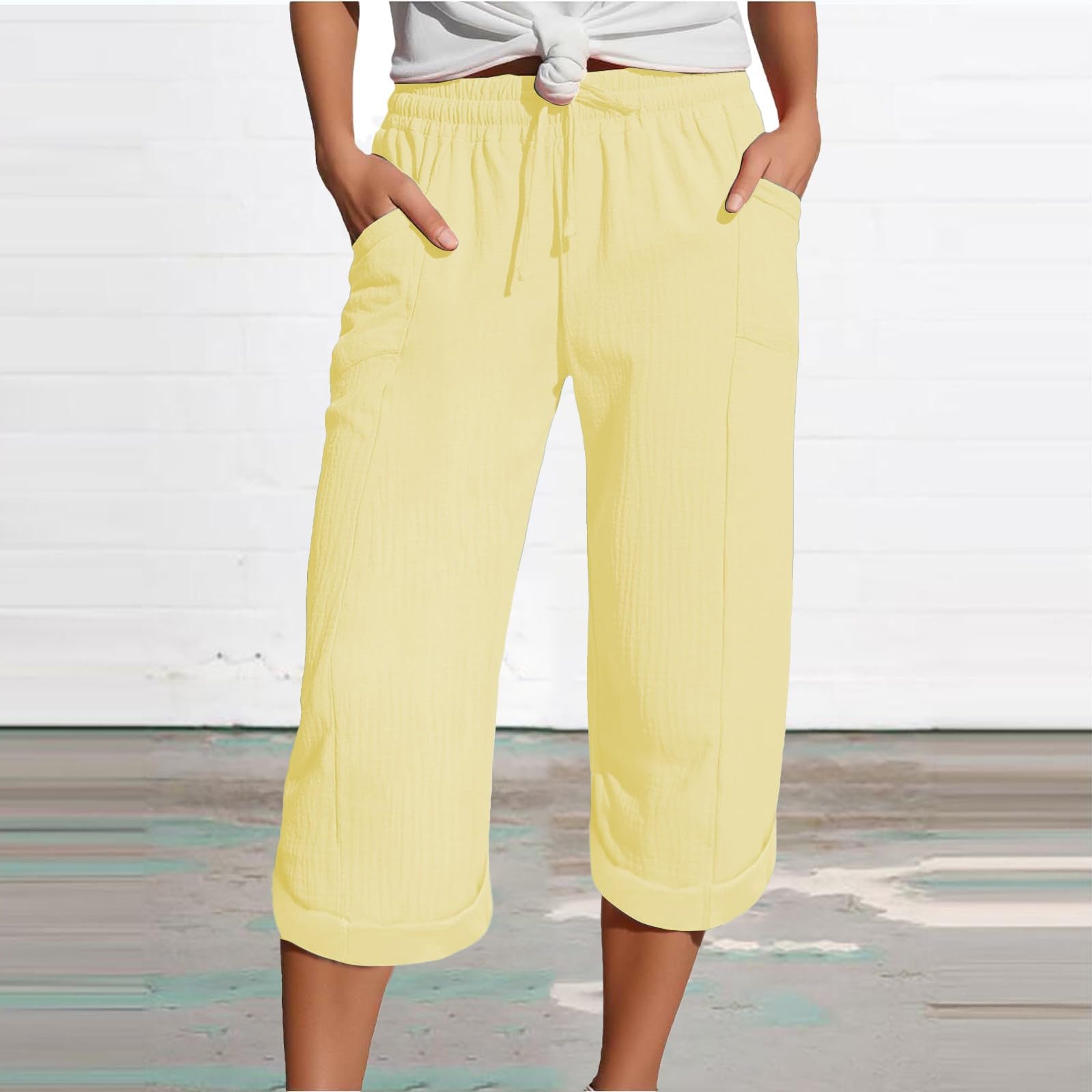 Pantalon en mousseline pour femmes, léger, en lin, avec poches, décontracté, ample, Capri, élastique, confortable, bas en tissu, 3/4