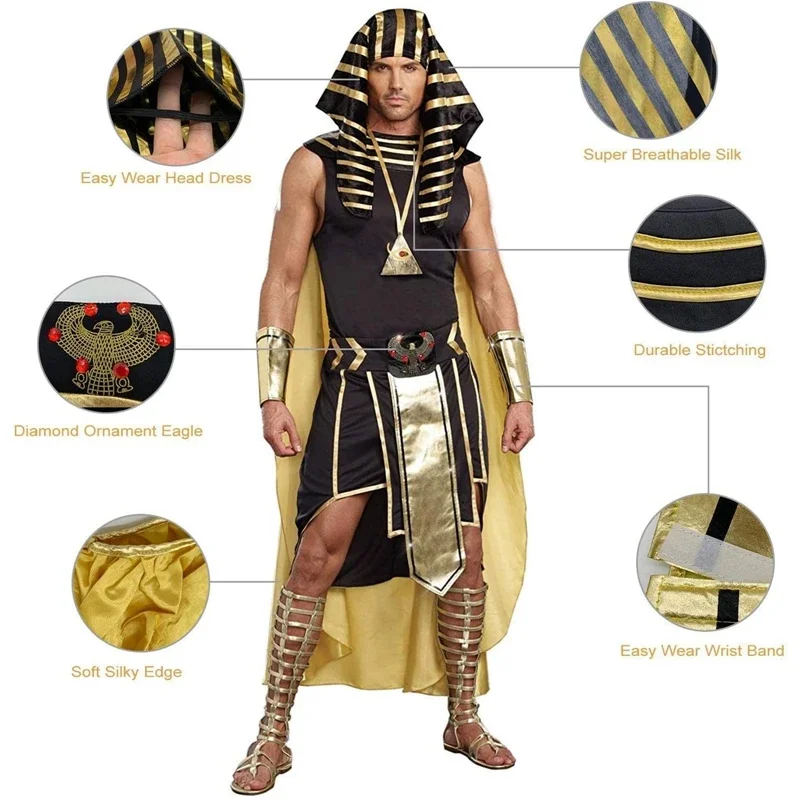Ensemble de costumes égyptiens pour hommes, 7 pièces, garniture dorée, débardeur, jupe, manches de bras, couvre-chef, collier, tenues de fête Cosplay