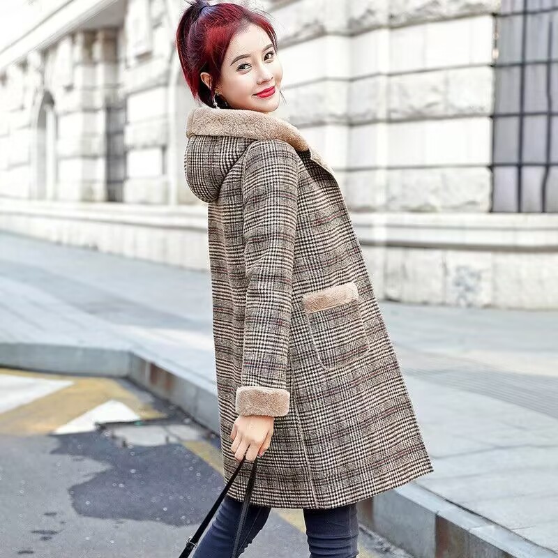 Nouveau Manteau Long Hiver 2026 pour Femme, à Capuche, Épais et Chaud, en Laine à Carreaux et Fourrure de Lapin, Style H, Haute Qualité