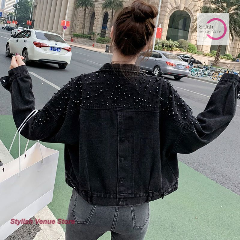 Veste en jean ample à perles style coréen pour femme, nouvelle collection printemps-automne, couleur unie, manteau décontracté élégant.