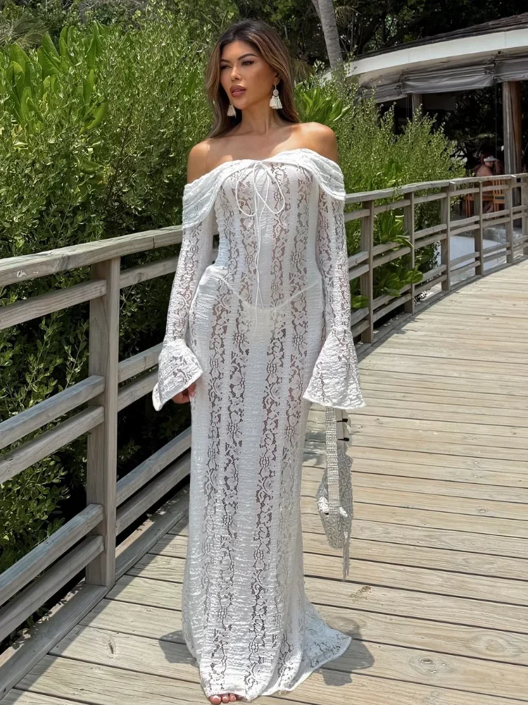 Robe de Soirée Transparente à Lacets pour Femme, Tenue Sexy, Ajourée, Manches Évasées, Enveloppée sur la Poitrine, Bord de Mer, Été 2024