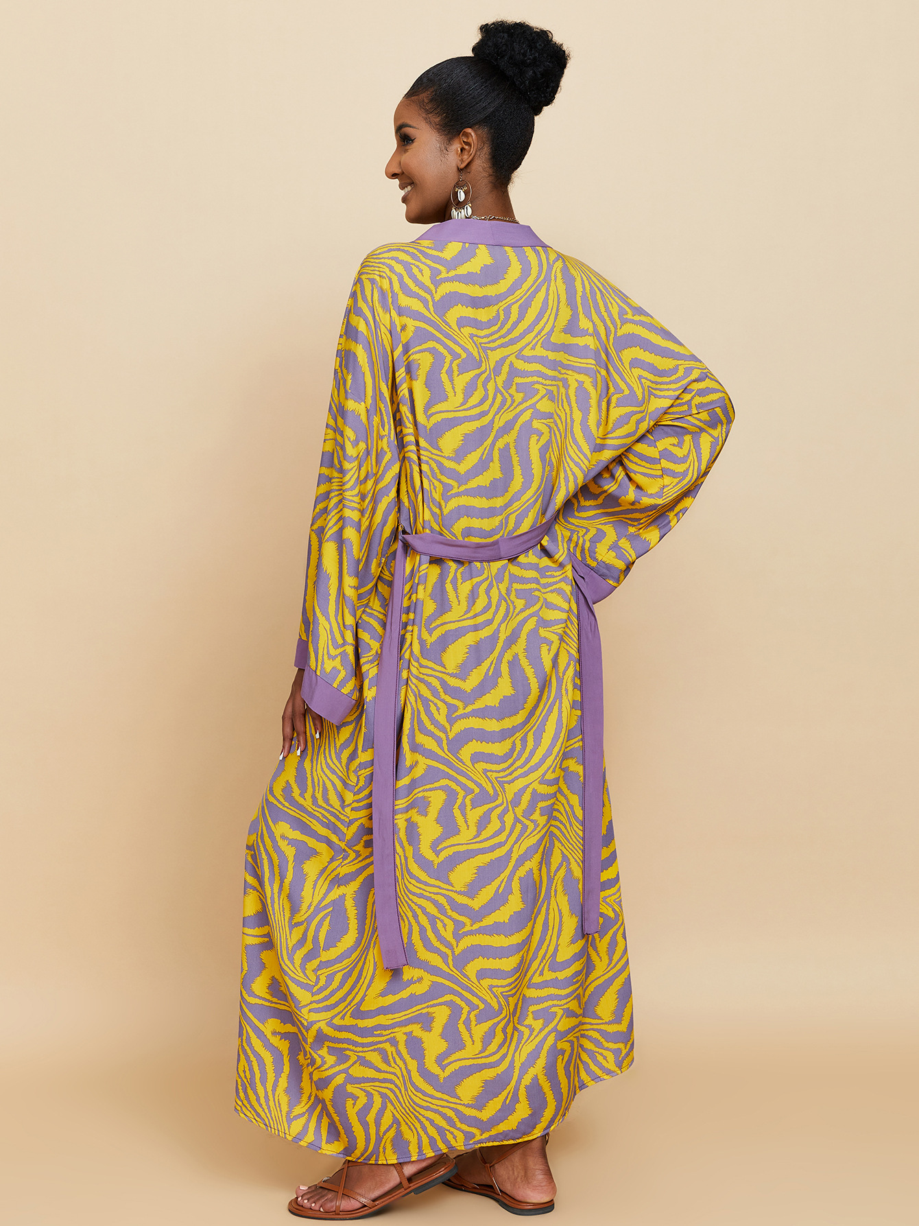 Femmes longue plage Kimono courbe ourlet ample ouvert devant cravate colorant maillot de bain couvrir