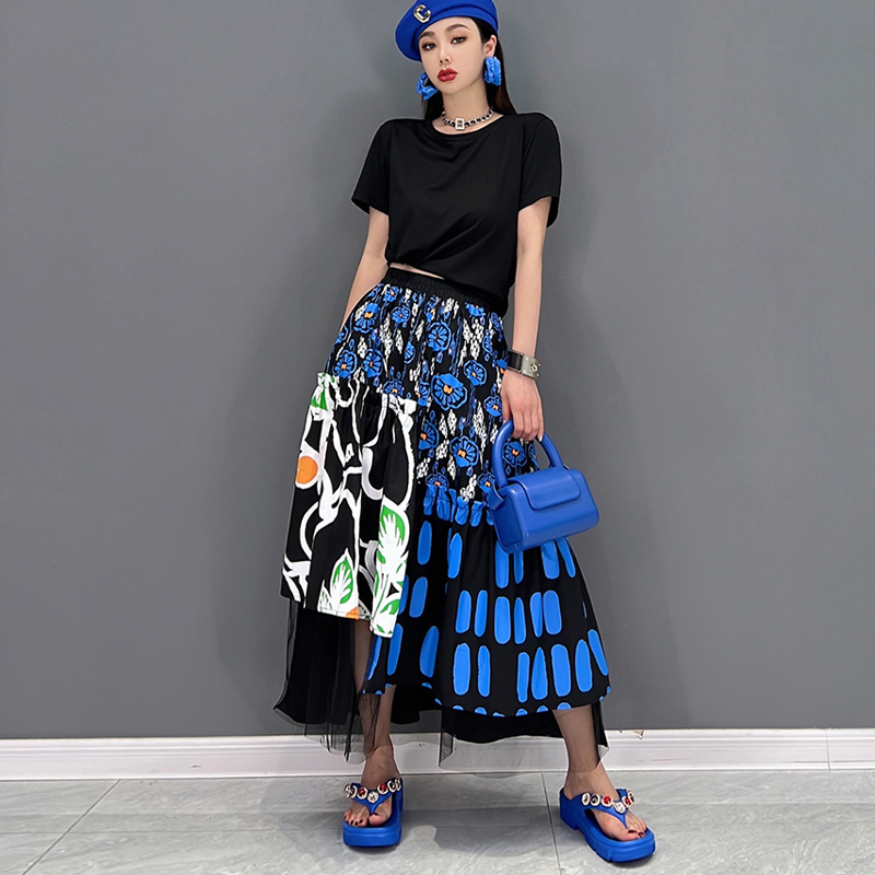 Jupe en maille imprimée bleue pour femmes, style coréen, tenue décontractée chic, taille élastique, filles, nouveau, JJSK121