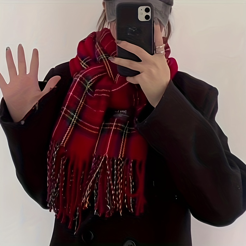 Écharpe à pampilles Tartan rouge, élégante, Vintage, décoration, écharpe de cou, automne hiver, résistante au froid, chaude, unisexe, écharpe enveloppante, étoles Hijab