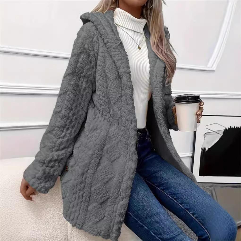 Femmes Cardigan veste à capuche automne hiver Argyle motif texturé à capuche ourlet irrégulier boutons polaire surdimensionné manteau d'extérieur