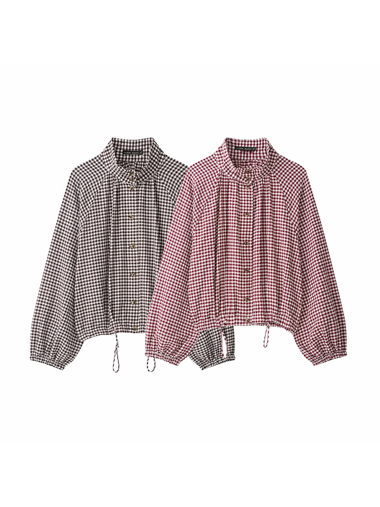 Veste courte à carreaux vintage pour femme, col montant avec ourlet à cordon, manches longues, manteau boutonné, manteau décontracté d'automne pour femme ﻿