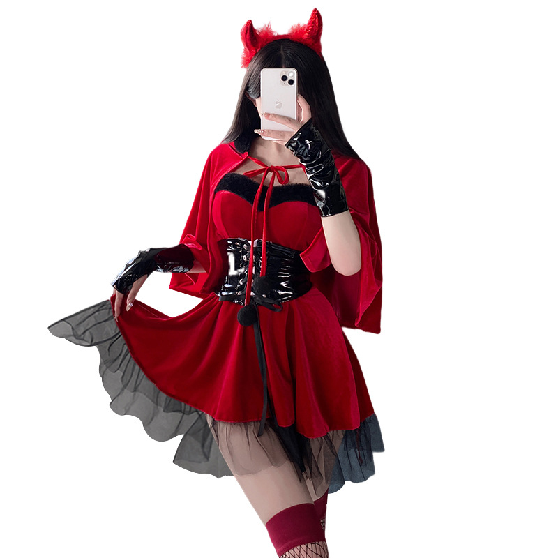 Costume de démon pour femme, robe en velours rouge, cape, ceinture, tenue de fête cosplay pour Halloween