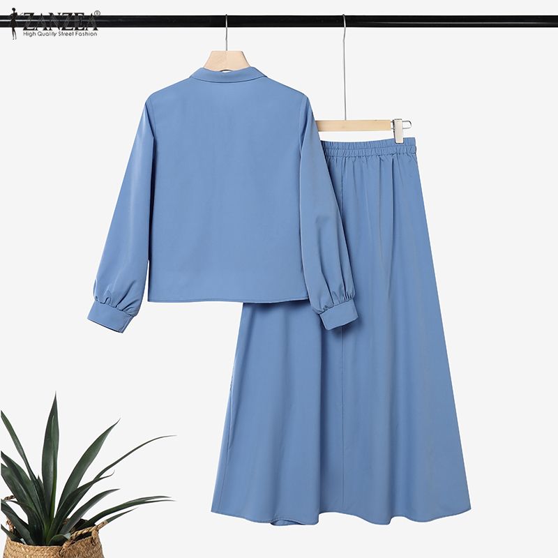 Ensembles 2 Pièces Musulmans pour Femmes Tenues d'Automne ZANZEA Col Revers Manches Longues Robe Chemise à Bordure Dentelle Ensembles Jupe Élégante Costume Ramadan