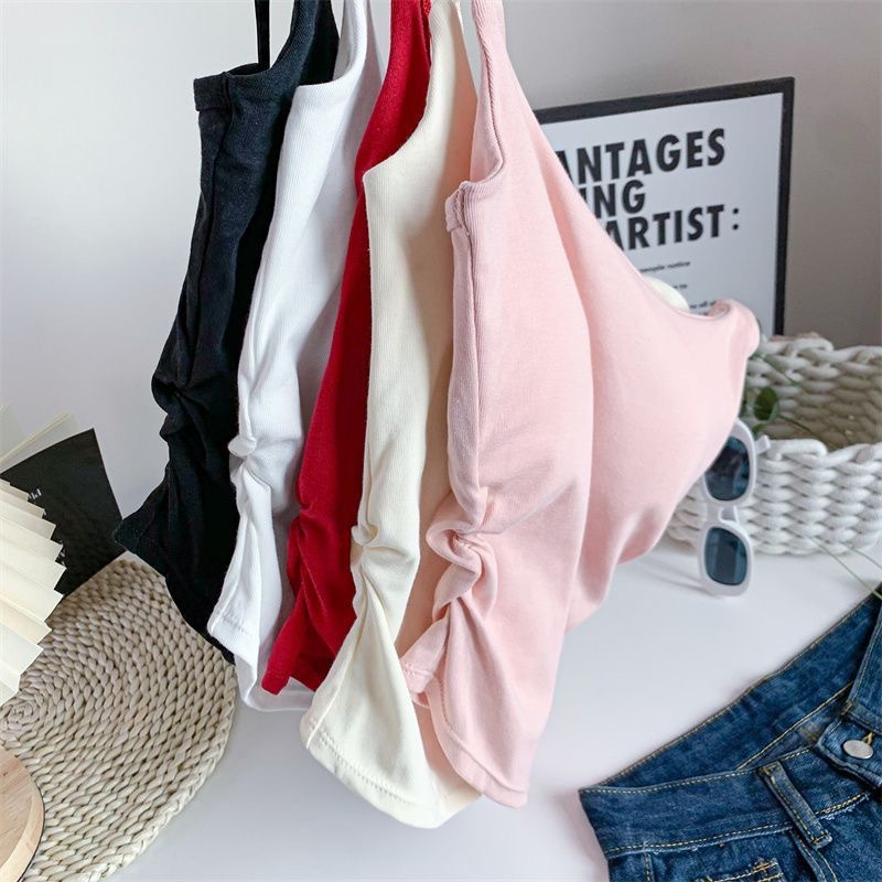 Nouveau femmes débardeurs été couleur unie soutien-gorge intégré Camisole décontracté mince sans manches plis débardeurs femmes gilet de sport de base