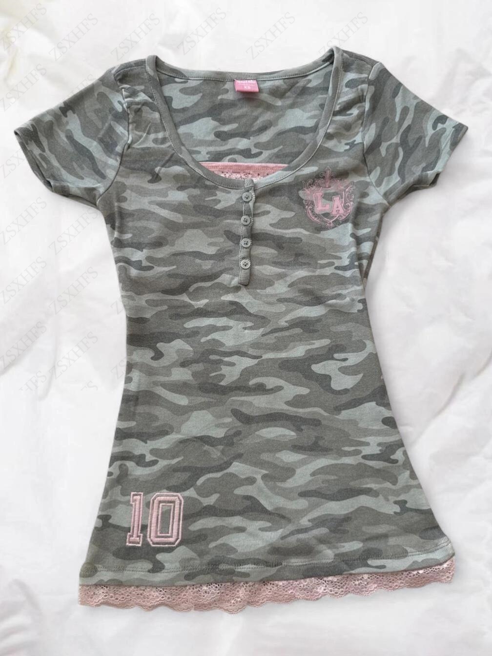 T-shirts camouflage, mode urbaine, tendance quotidienne, sexy, coupe ajustée, bordure en dentelle, manches courtes, style américain, vintage, décontracté, tops Y2k punk.