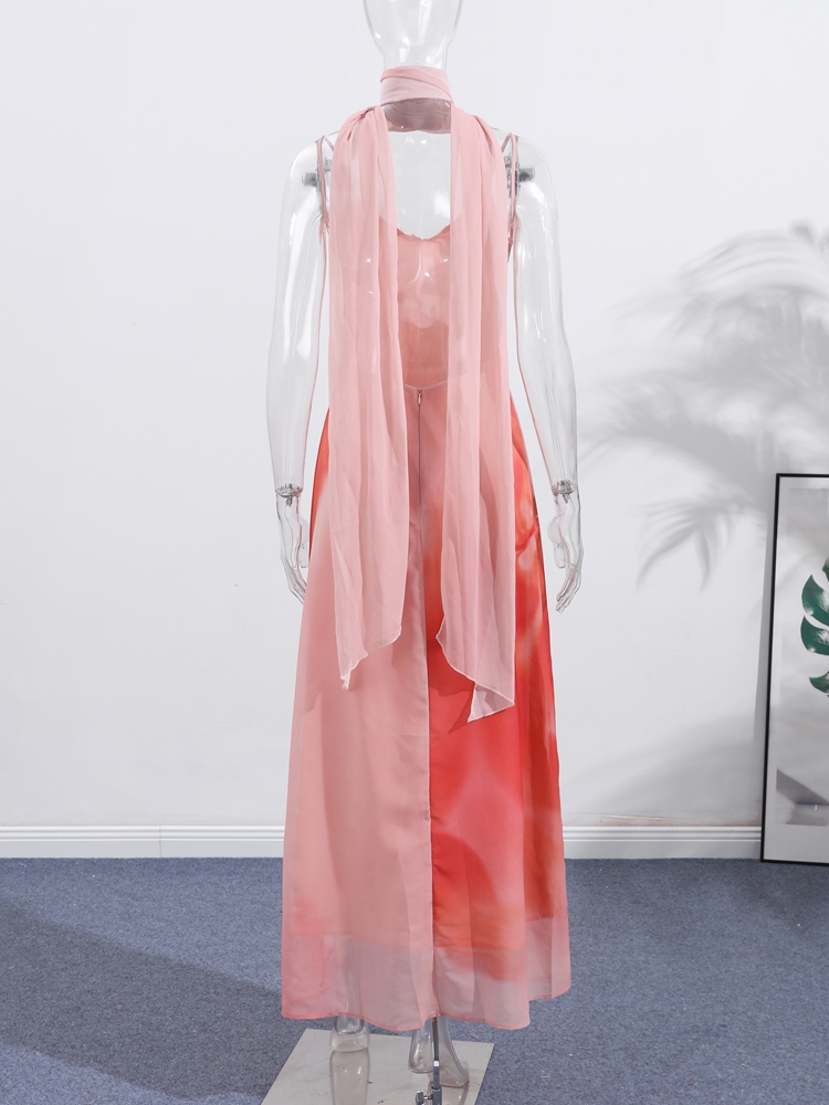 Sexy dégradé imprimé écharpe fronde longue robe femmes fête vacances sans manches dos nu femme robe de soirée 2025 dame robes