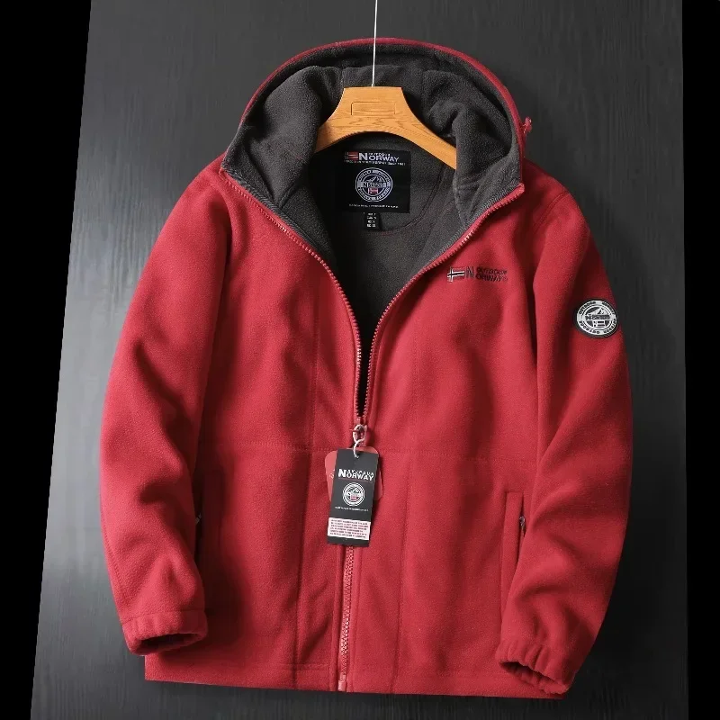 Veste d'hiver en laine pour hommes, haut de gamme, polaire épaisse brodée, coupe-vent, manteau chaud à capuche pour l'extérieur, la neige et le froid