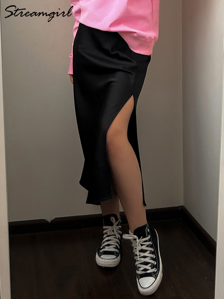 Jupe mi-longue en satin noir pour femme, taille élastique, fendue, bureau, ligne A, haute qualité