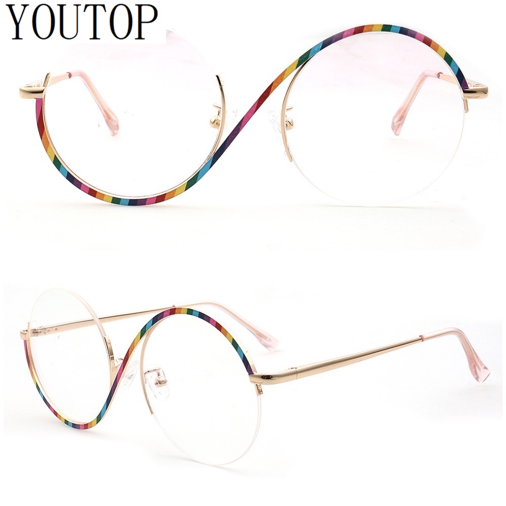 Lunettes vintage demi-jante pour femmes, montures rondes, lunettes optiques, lunettes en métal, arc-en-ciel, lunettes contrevenants, surdimensionnées