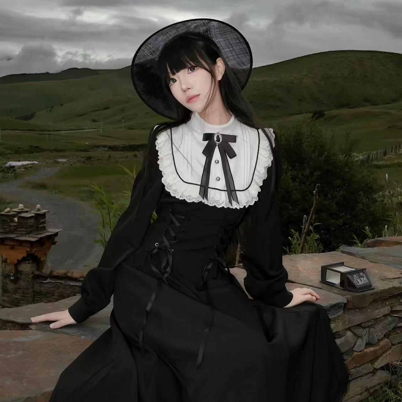 Robe mi-longue gothique Vintage pour femmes, tenue de soirée Kawaii avec nœud Lolita, en dentelle Harajuku, Patchwork, nouvelle collection