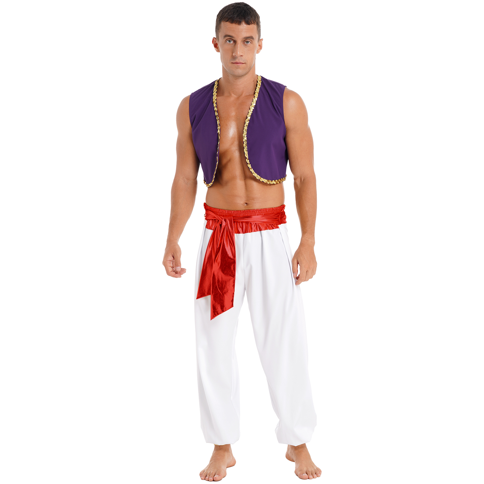 Costume de Prince arabe d'halloween pour hommes, robe fantaisie de fête des Aladines mythiques, tenue de Cosplay, gilet à paillettes avec pantalon ceinturé