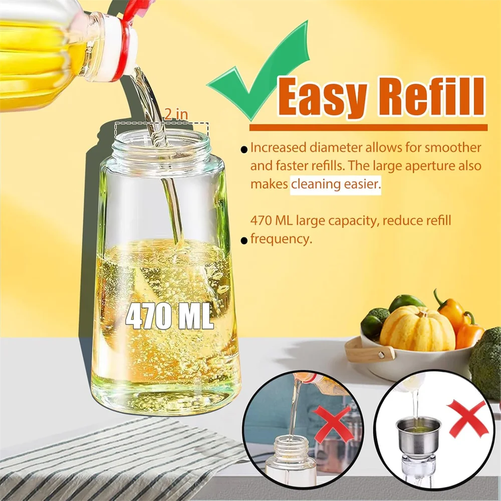Distributeur d'huile d'olive, 15.8oz/470ml, pulvérisateur et verseur d'huile 2 en 1 pour salades, frire, grillades, idéal pour la cuisine, bouteille pulvérisateur d'huile en verre