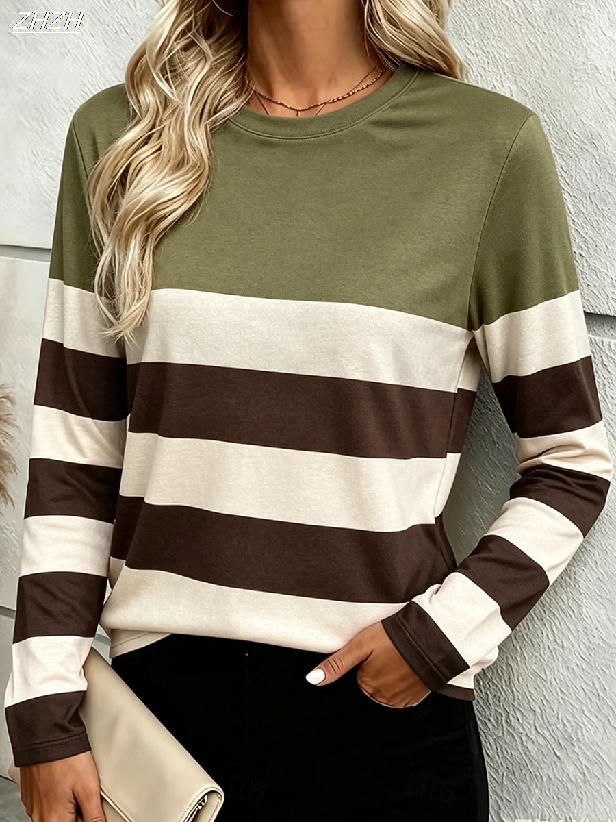 T-shirt pour femme à imprimé graphique rayé, mode classique décontractée, manches longues, col rond, coupe régulière, pour le quotidien, le week-end, le printemps et l'automne