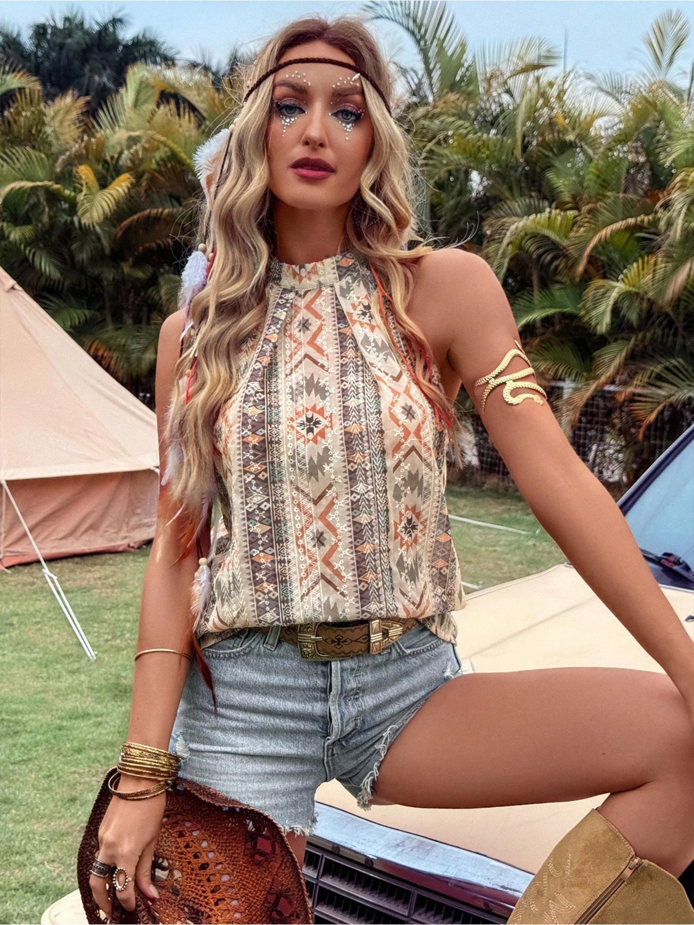 Chemise sans manches pour femmes, style bohème, parfaite pour les fêtes et les vacances, motif ethnique décontracté, coupe ajustée