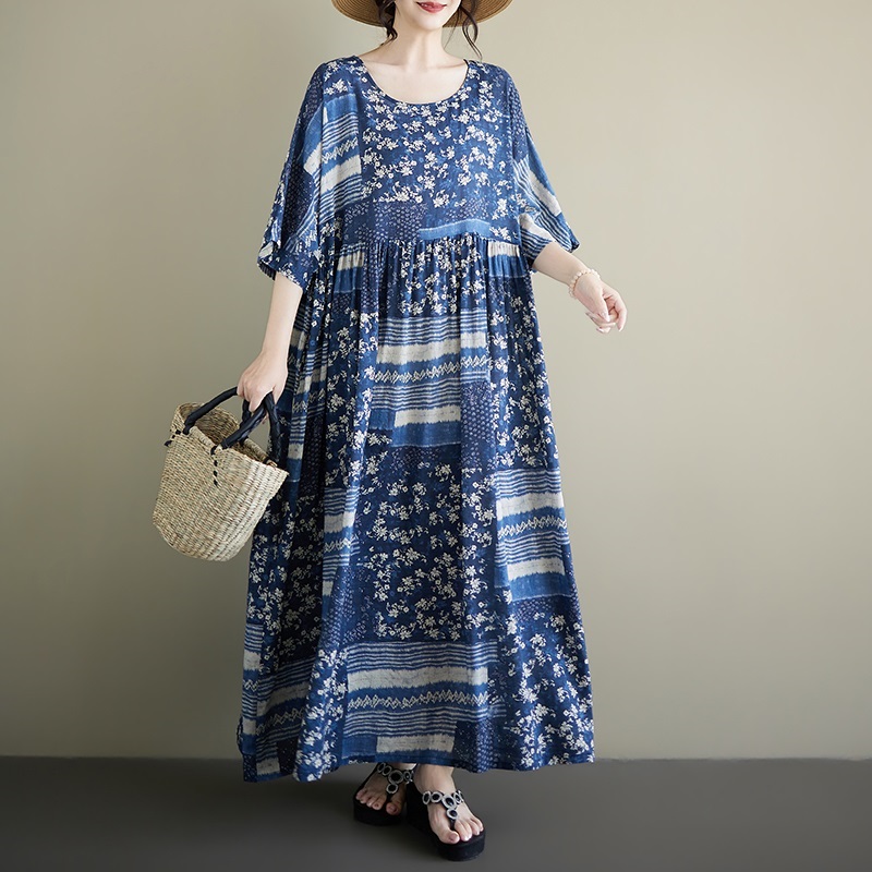 Nouvelle robe longue d'été décontractée et ample à manches courtes en coton vintage à motif floral pour femme, vêtement élégant 2026