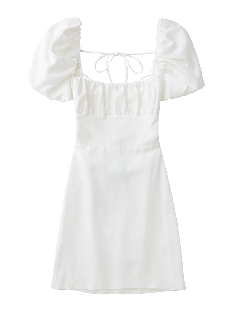 Robe en lin mélangé blanche, à la mode, pour femmes, avec un décolleté carré, de courtes manches bouffantes et un dos nu, ainsi que des bretelles croisées.