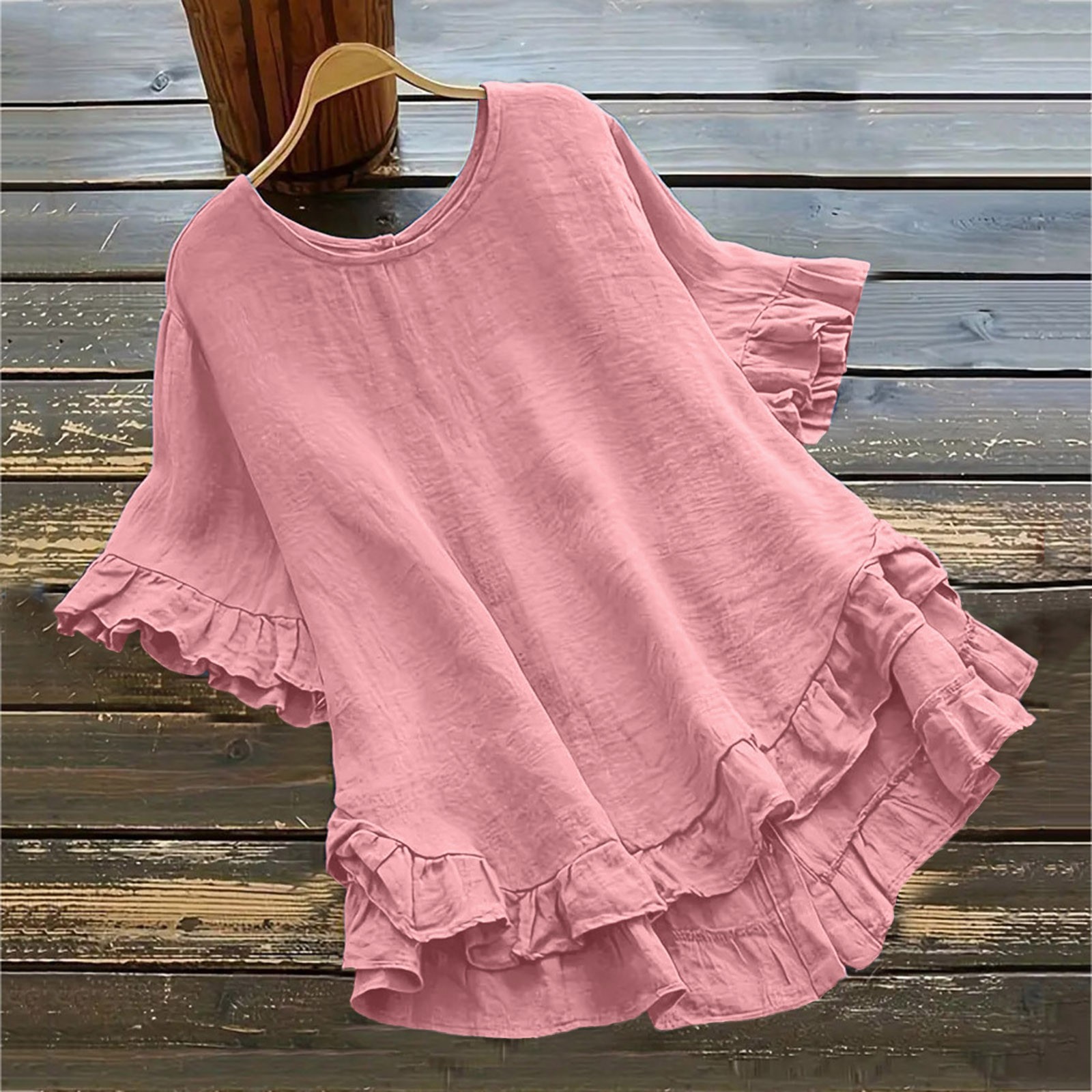 Femmes coton lin hauts et chemisiers à volants garniture à manches courtes Blouse Woamn vêtements solide décontracté col rond Blusas amples