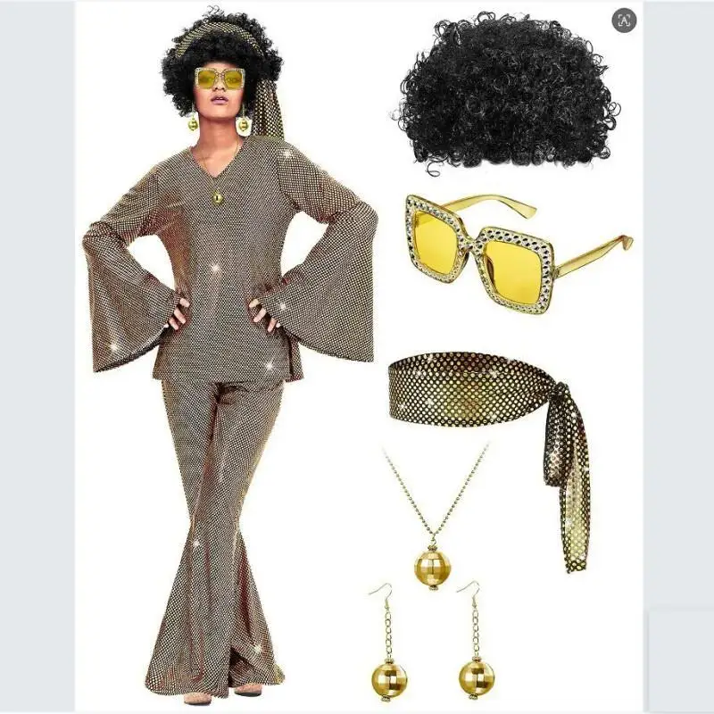 Costume de fête disco années 70 pour femme : haut, pantalon, lunettes de soleil, collier, boucles d'oreilles, perruque pour Halloween, Pâques et déguisements