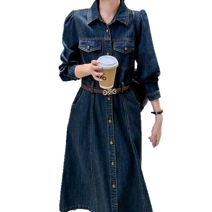 Robes en jean pour femmes, coupe trapèze, unies, longueur mi-mollet, manches longues, poches, simple boutonnage, style décontracté chic pour le bureau, Printemps 2026