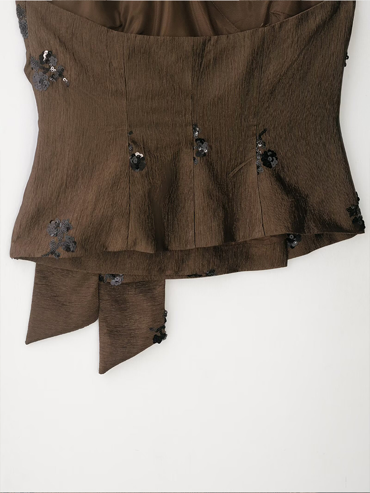 Ensemble 2 pièces d'été pour femme, haut cache-cœur marron à sequins floraux et pantalon large taille haute, tenue décontractée élégante style streetwear