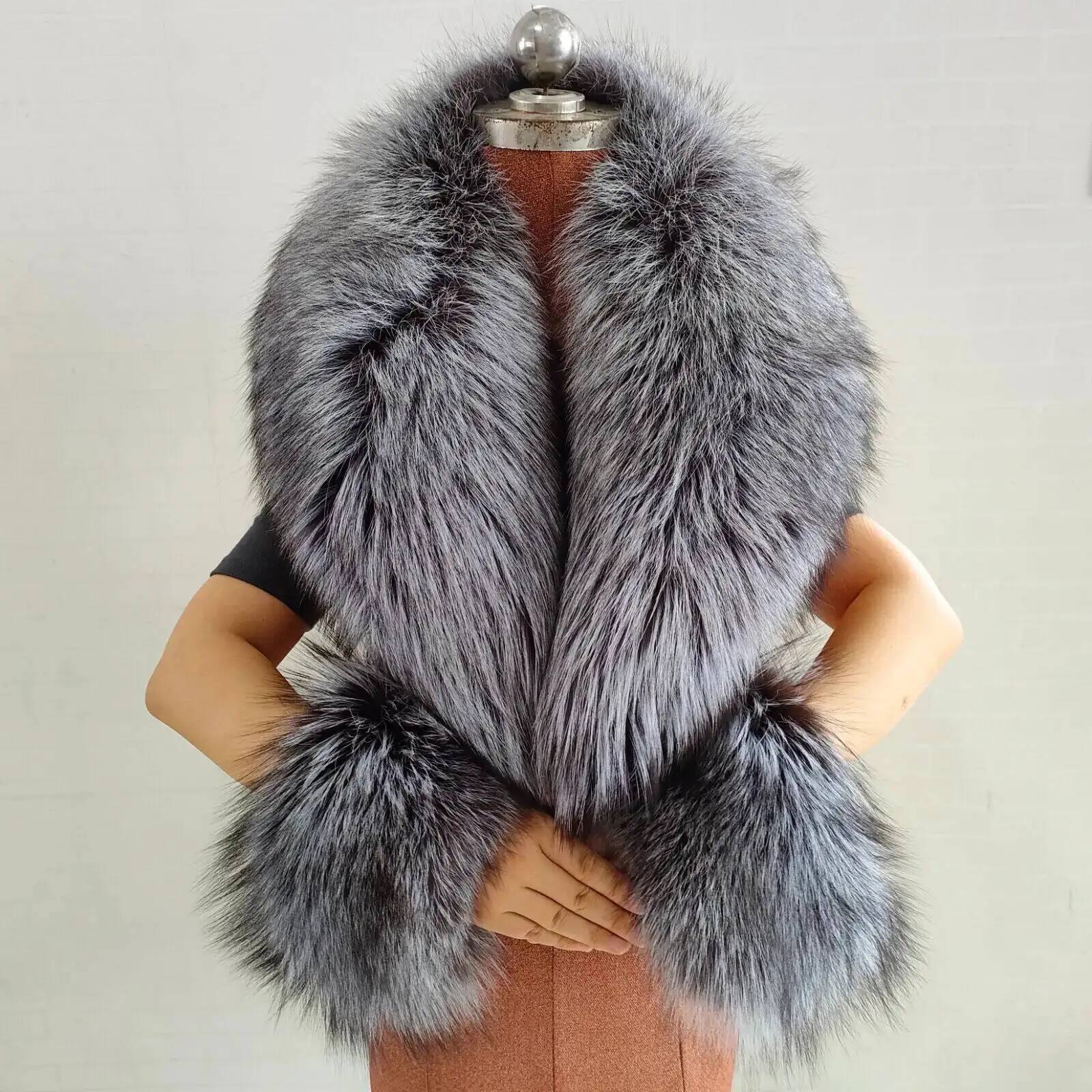 Ensemble écharpe et poignets en fourrure de renard naturelle d'hiver pour femmes, col en fourrure de veste, écharpes chaudes pour le cou authentiques, châle en fourrure de renard moelleux de luxe