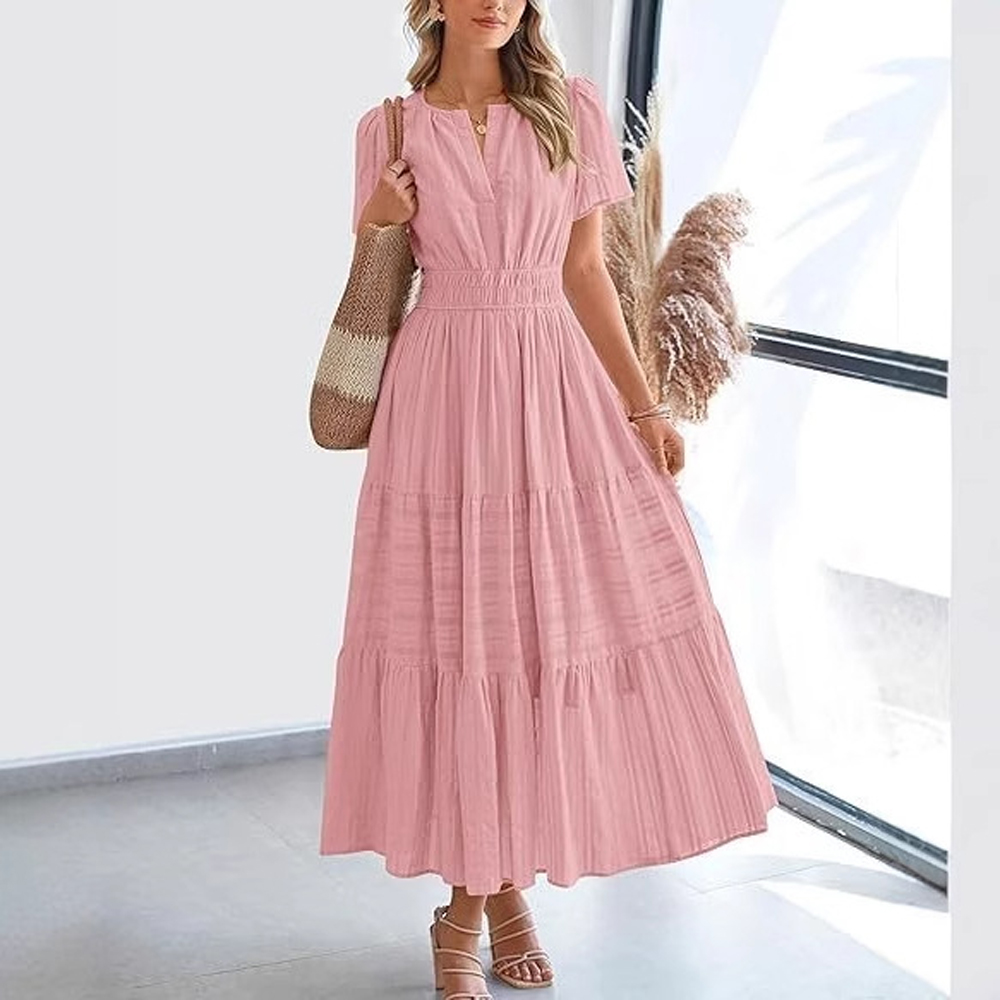 Robe longue bohème pour femme, col en V, manches bouffantes plissées, patchwork, robes de soirée mi-longues plissées XRFZC-RX9938