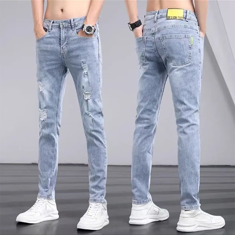 Jeans Homme Printemps-Été Déchirés Extensibles Coupe Slim Droite Affinée Décontractés Effet Vieilli Délavé Bleu Légers Doux Durables