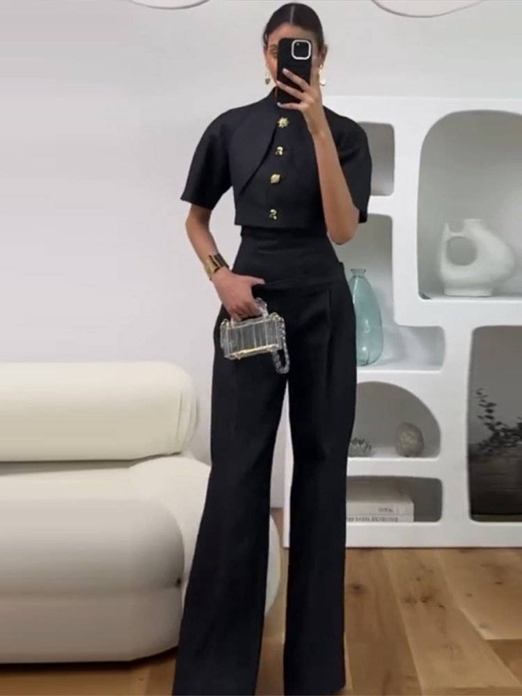 Ensemble décontracté en jean pour femme : haut cintré à col montant et manches courtes, pantalon large – Nouvelle tenue printemps 2026 pour femme