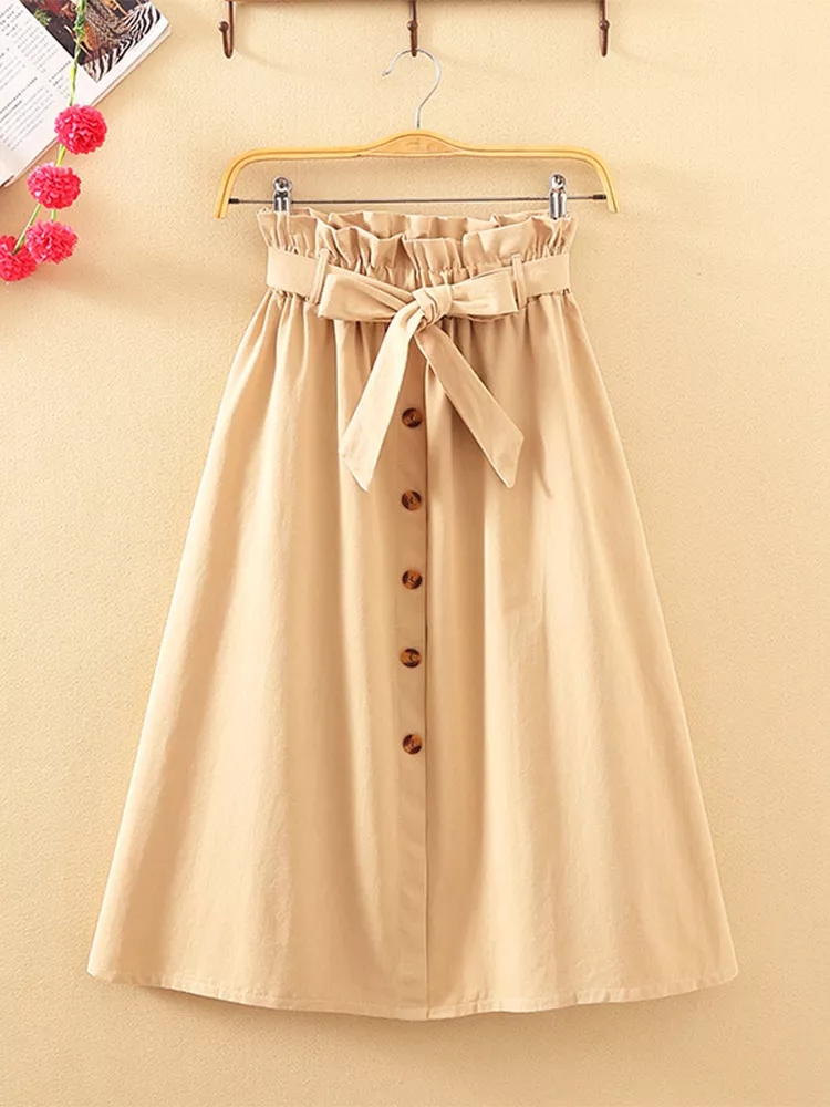 Été automne jupes femmes Midi genou longueur coréenne élégant bouton taille haute jupe femme plissée école jupe