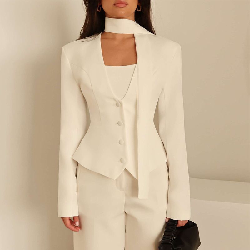 Veste de costume décontractée à manches longues pour femme, nouvelle collection automne 2025, couleur unie, col en V, avec écharpe décorative