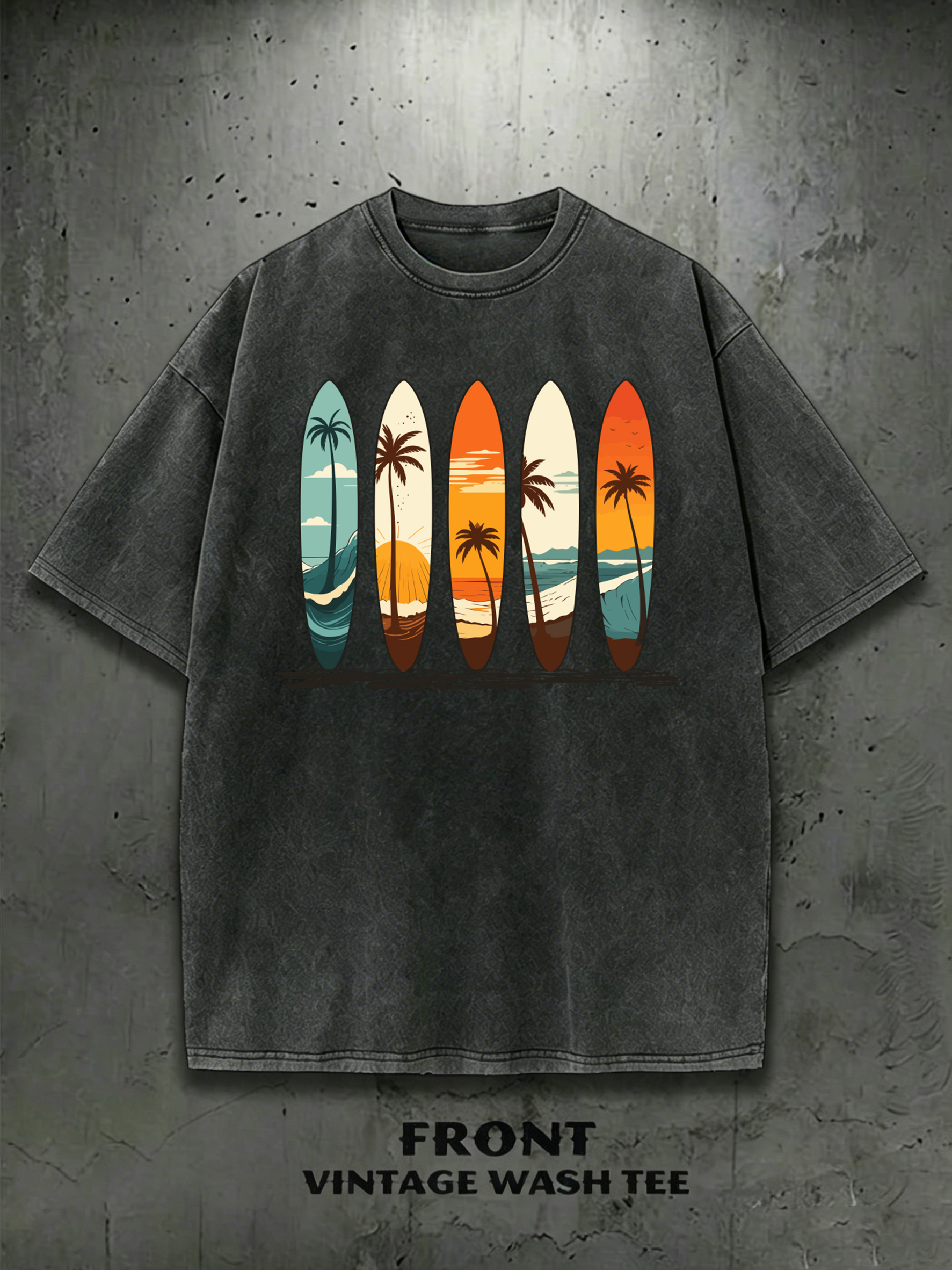T-shirt décontracté respirant en coton pour homme, motif plage, cocotier et planche de surf, style hip-hop, lavé, toutes saisons, idéal pour l'été