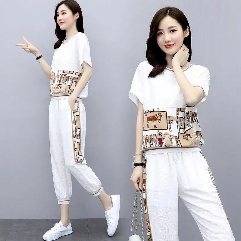 Ensemble de vêtements de sport tendance pour femmes, taille plus, été, nouveau, ample, amincissant, décontracté, manches courtes, ensemble deux pièces, style élégant