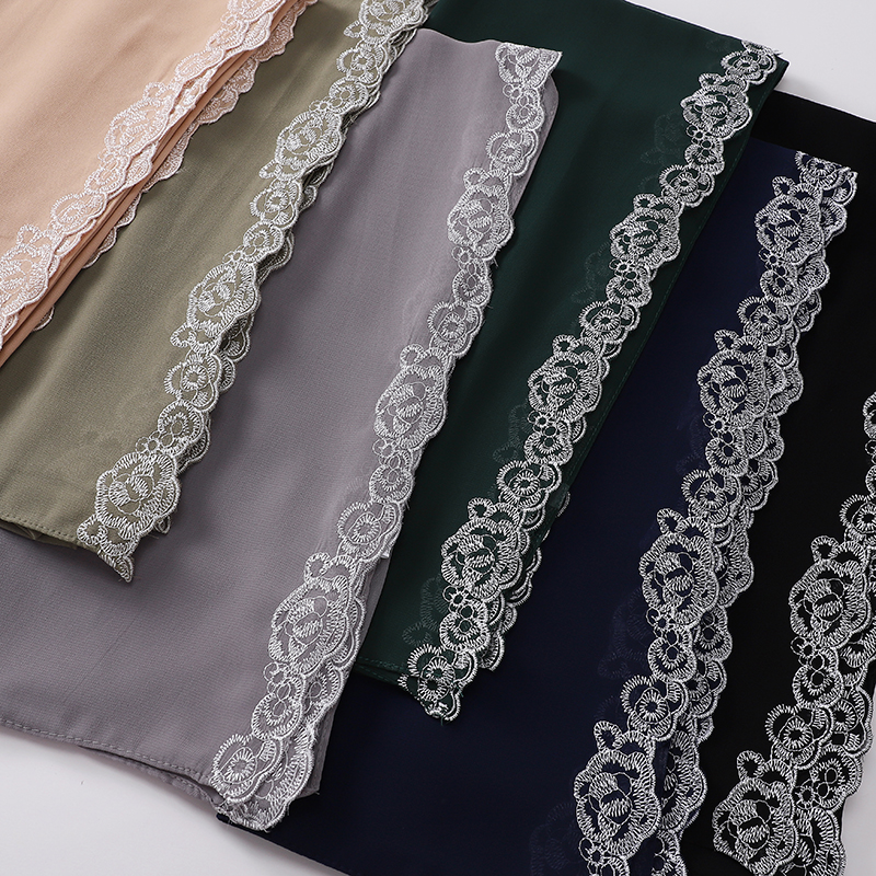 Hijab de luxe en mousseline avec bordure en dentelle, turban islamique, foulard, châle, voile musulman pour mariage