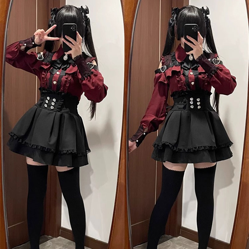 Ensemble chemise et jupe Lolita Jirai Kei pour filles, chemise à manches longues avec nœud Kawaii, jupes noires, style japonais Y2K, ensemble élégant pour femmes