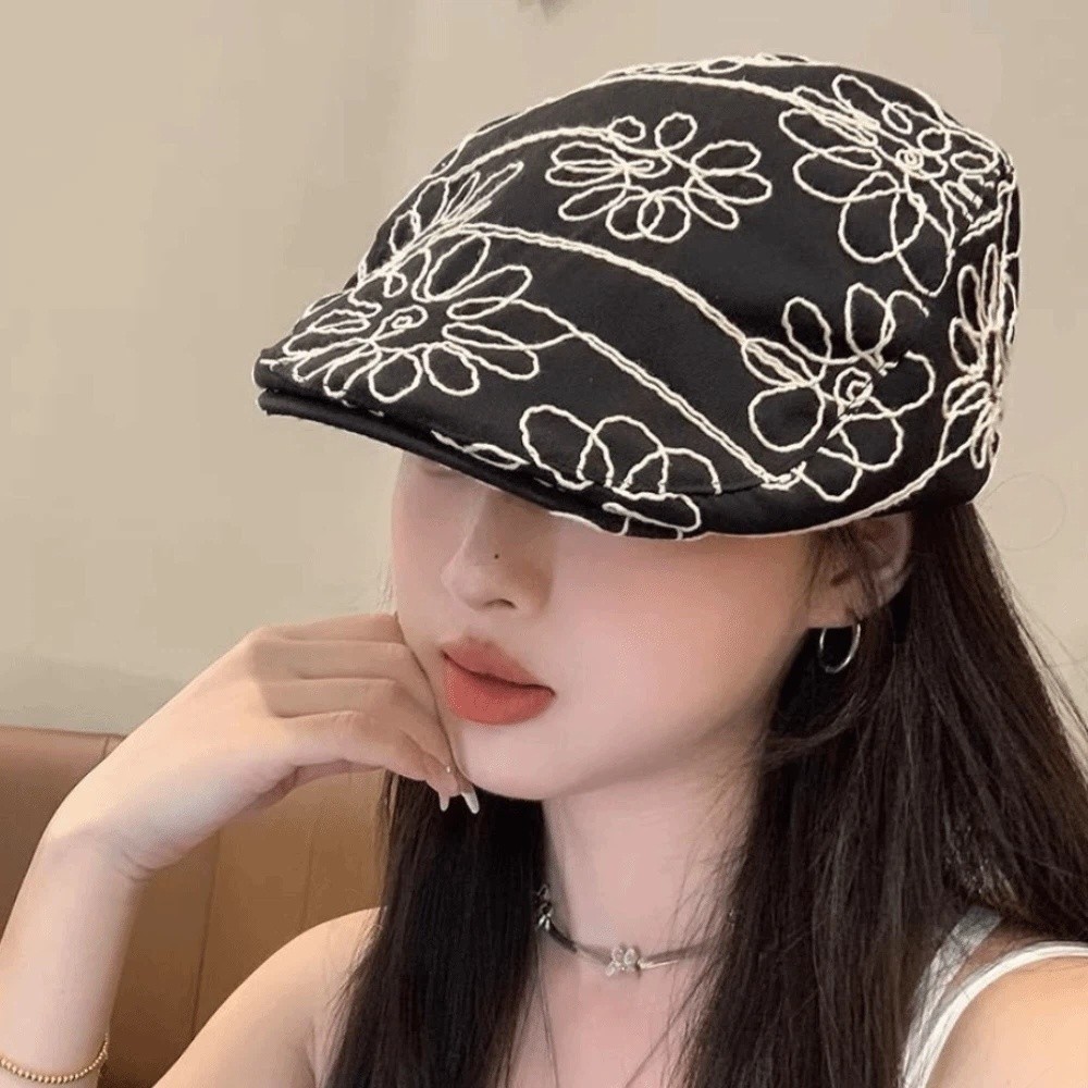 Casquette rétro tendance, décontractée et polyvalente, style coréen, avec broderie florale douce et épicée, chapeau britannique pour femme et jeune fille